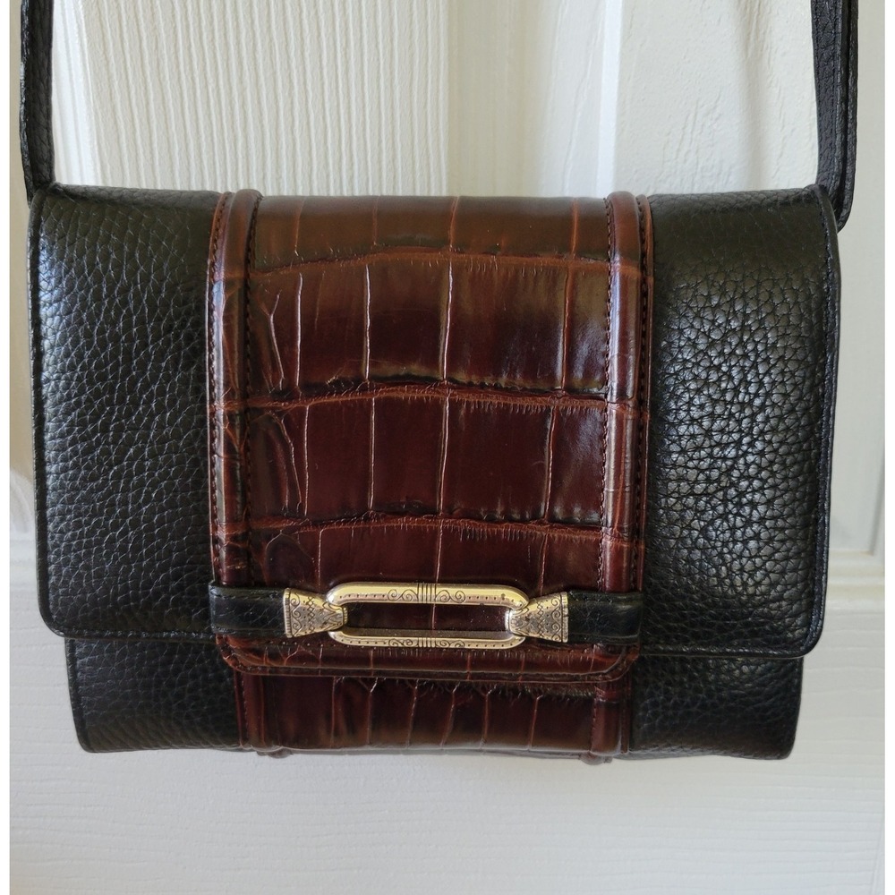 Brighton Pebbled Leather  Faux‎ Alligator Black Brown Crossbody Bag Wallet